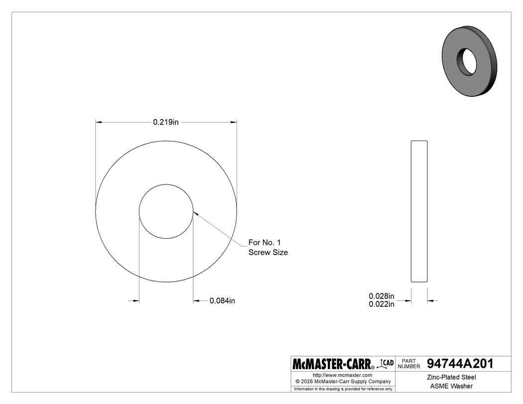 Technical Drawing of Zinc-Plated Steel ASME Washer, for Number 1 Screw Size, Regular ASME Designation.